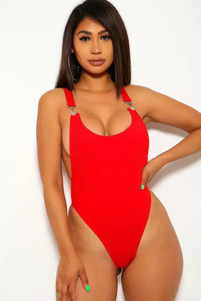 Ribbed Red High Leg One Piece Swimsuit - AMIClubwear