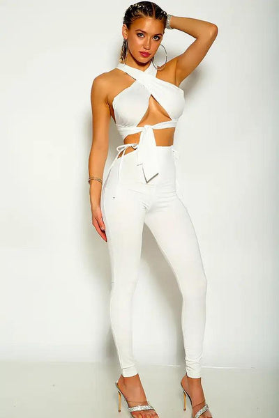 Rice Colored Cross Halter Wrap Around Two Piece Outfit - AMIClubwear