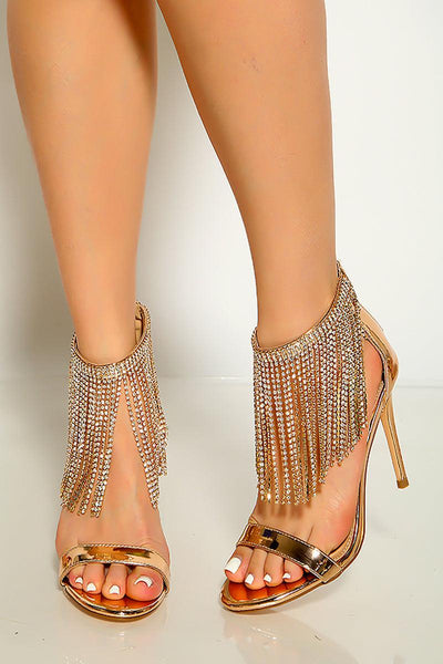 Rose Gold Fringe Rhinestone Zipper Back High Heels - AMIClubwear