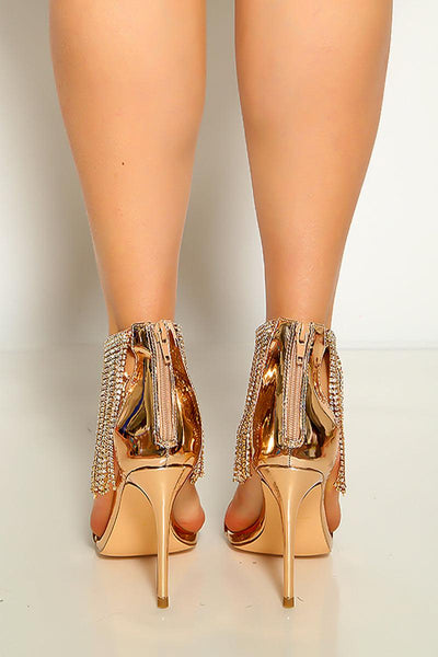 Rose Gold Fringe Rhinestone Zipper Back High Heels - AMIClubwear