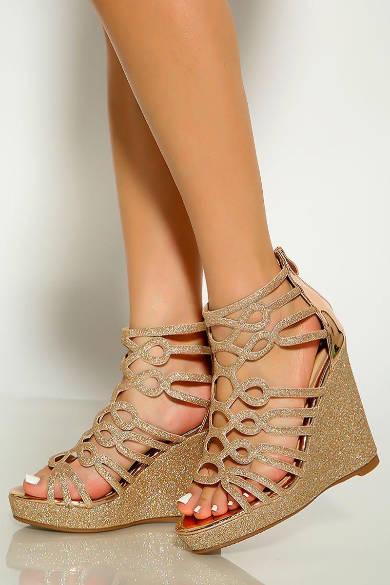 Rose Gold Glitter Strappy Wedges - AMIClubwear