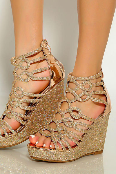 Rose Gold Glitter Strappy Wedges - AMIClubwear