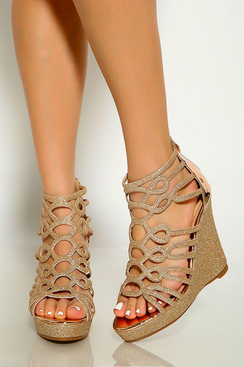 Rose Gold Glitter Strappy Wedges - AMIClubwear