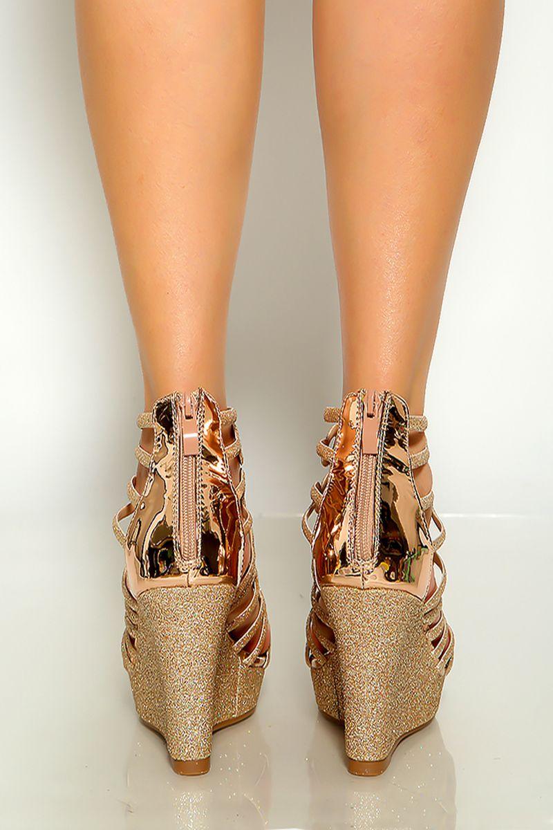 Rose Gold Glitter Strappy Wedges - AMIClubwear