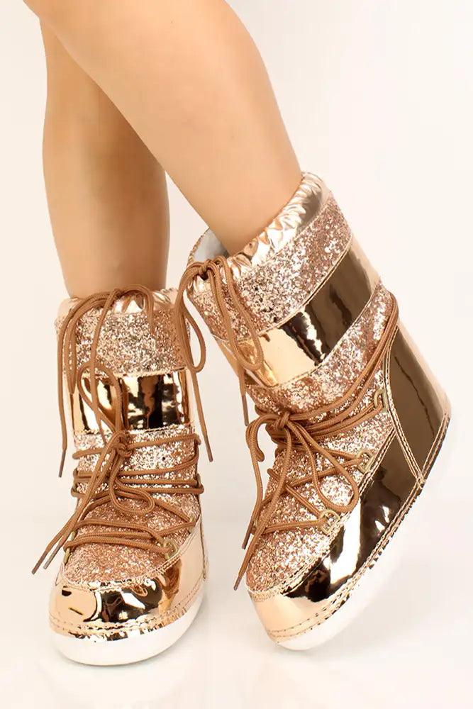 Rose Gold Glittery Lace Up Booties - AMIClubwear