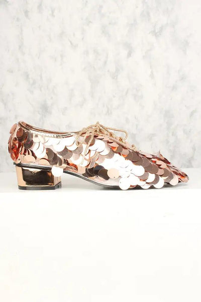 Rose Gold Holographic Sequin Oxford Chunky High Heels - AMIClubwear