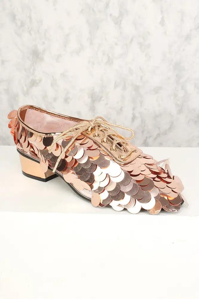 Rose Gold Holographic Sequin Oxford Chunky High Heels - AMIClubwear