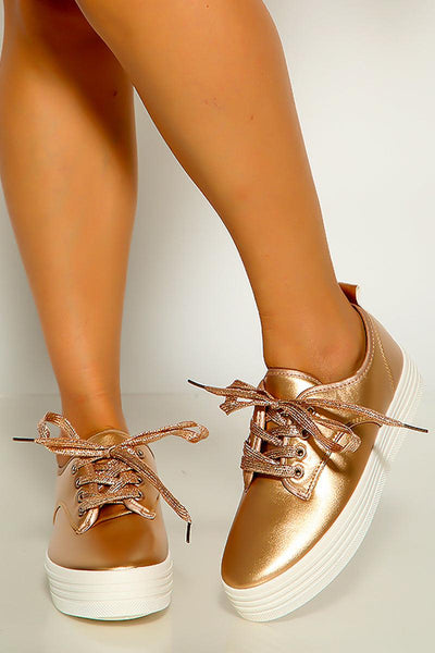 Rose Gold Lace Up Metallic Platform Sneakers - AMIClubwear