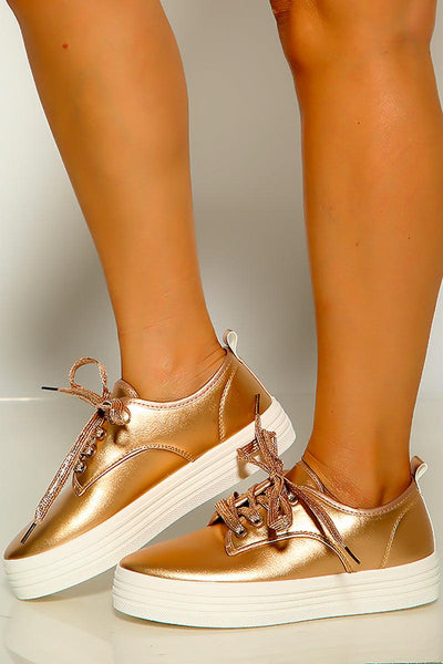 Rose Gold Lace Up Metallic Platform Sneakers - AMIClubwear