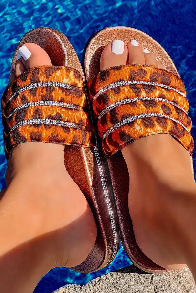 Rose Gold Leopard Print Slip On Sandals - AMIClubwear