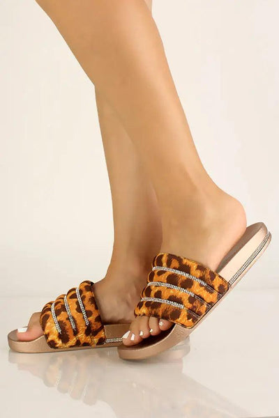 Rose Gold Leopard Print Slip On Sandals - AMIClubwear