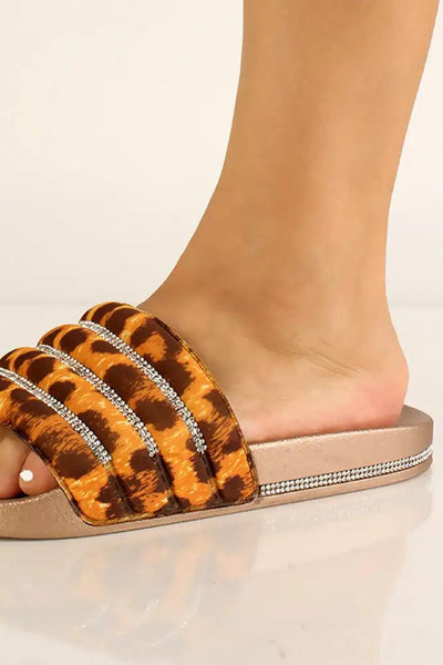 Rose Gold Leopard Print Slip On Sandals - AMIClubwear