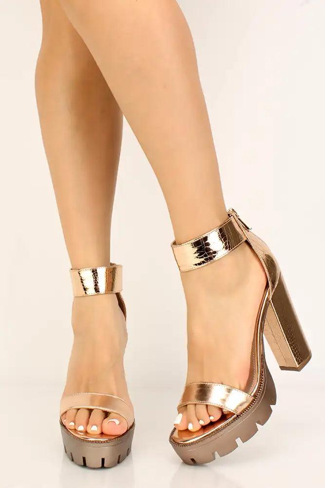 Rose Gold Metallic Platform Chunky Heels - AMIClubwear