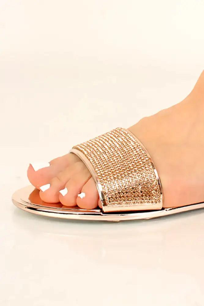 Rose Gold Metallic Rhinestone Accent Sandals - AMIClubwear