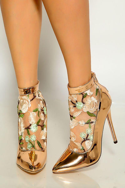 Rose Gold Patent Pointy Toe Floral Mesh High Heels - AMIClubwear