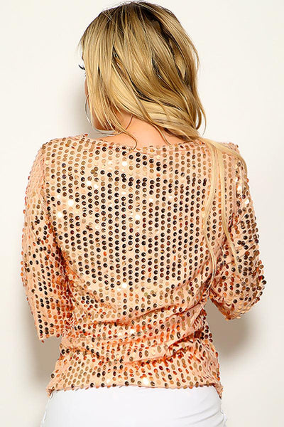 Rose Gold Peach Sequin Detail 3/4 Sleeve Mesh Top - AMIClubwear