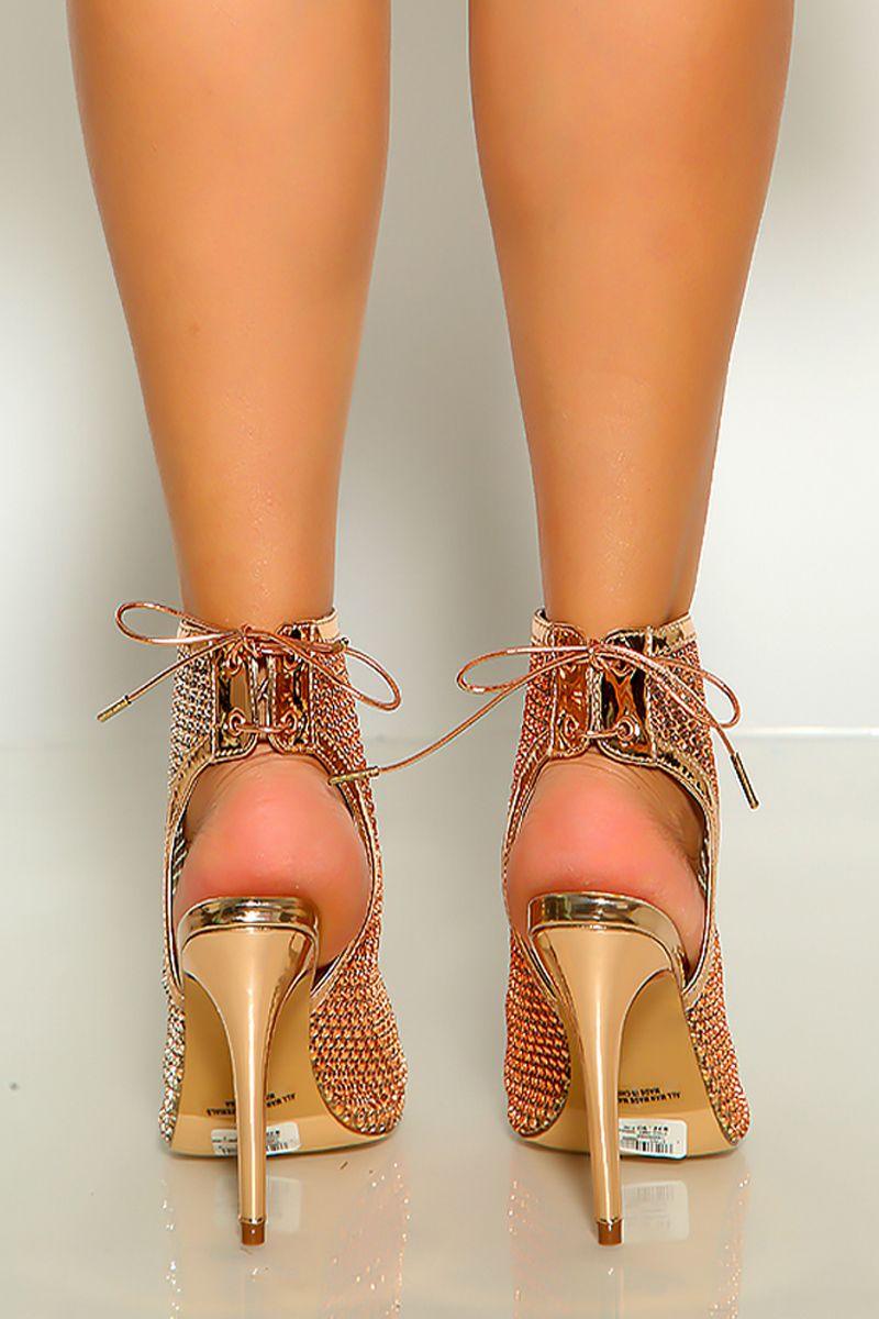 Rose Gold Peep Toe Rhinestone Detail Cut Out High Heel Booties - AMIClubwear