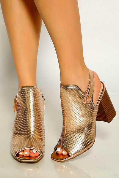 Rose Gold  Peep Toe SlingBack Perforated Chunky High Heel Booties - AMIClubwear