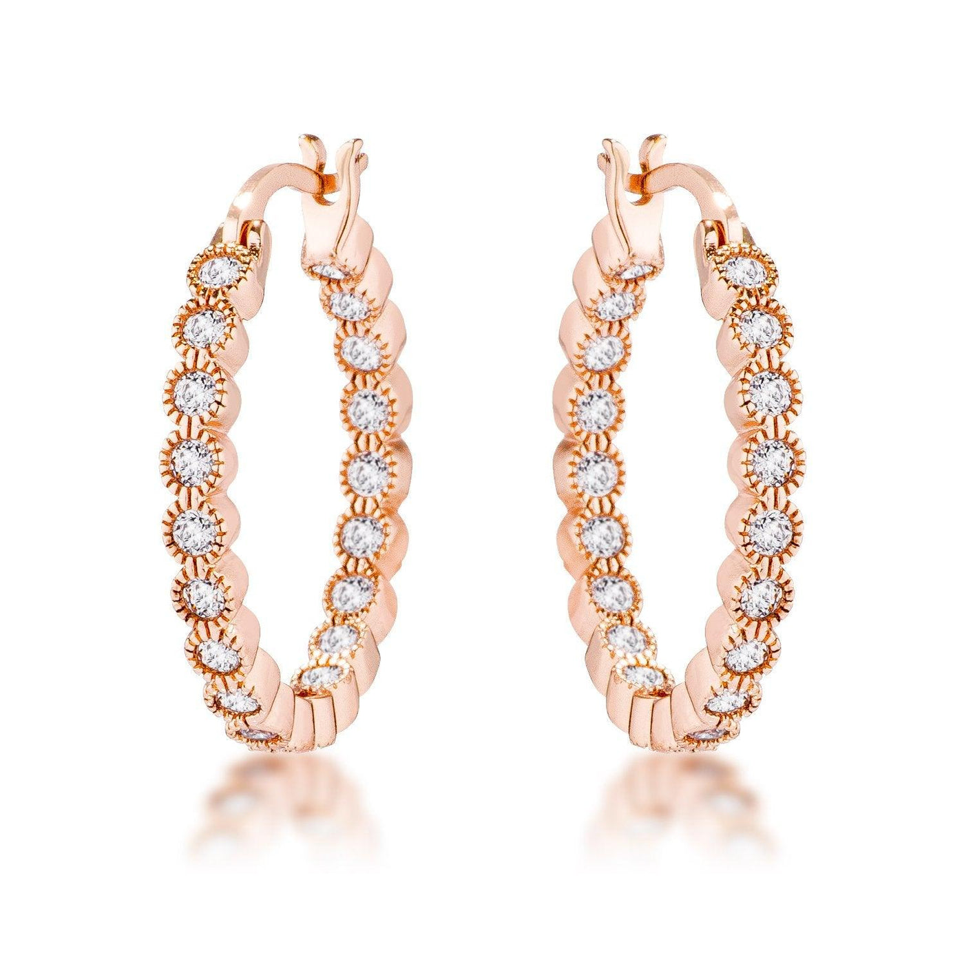 Rose Gold Plated Dotted Clear CZ Round Bezel Hoop Earrings - AMIClubwear