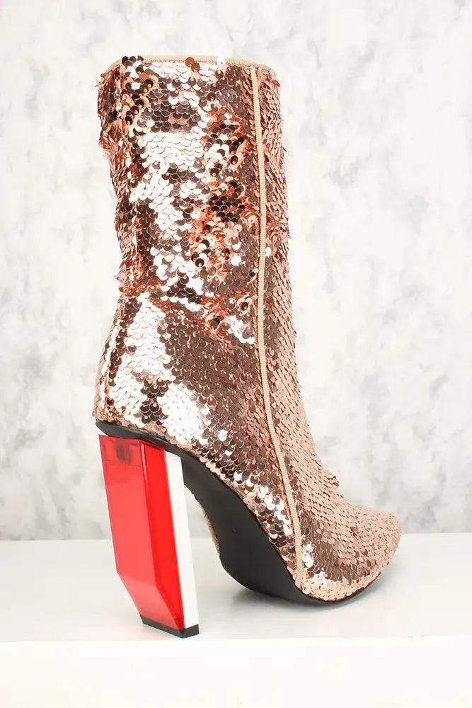 Rose Gold Pointed Toe Asymmetrical Chunky Heel Mid Calf Boots Sequins - AMIClubwear