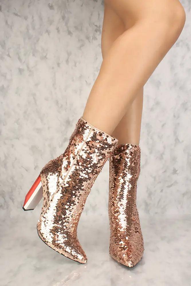 Rose Gold Pointed Toe Asymmetrical Chunky Heel Mid Calf Boots Sequins - AMIClubwear