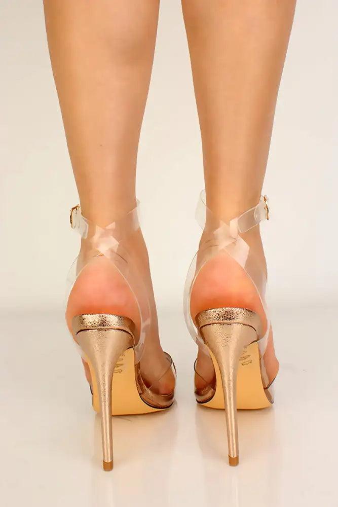 Rose Gold Rhinestone Accent Pointy Toe High Heels - AMIClubwear