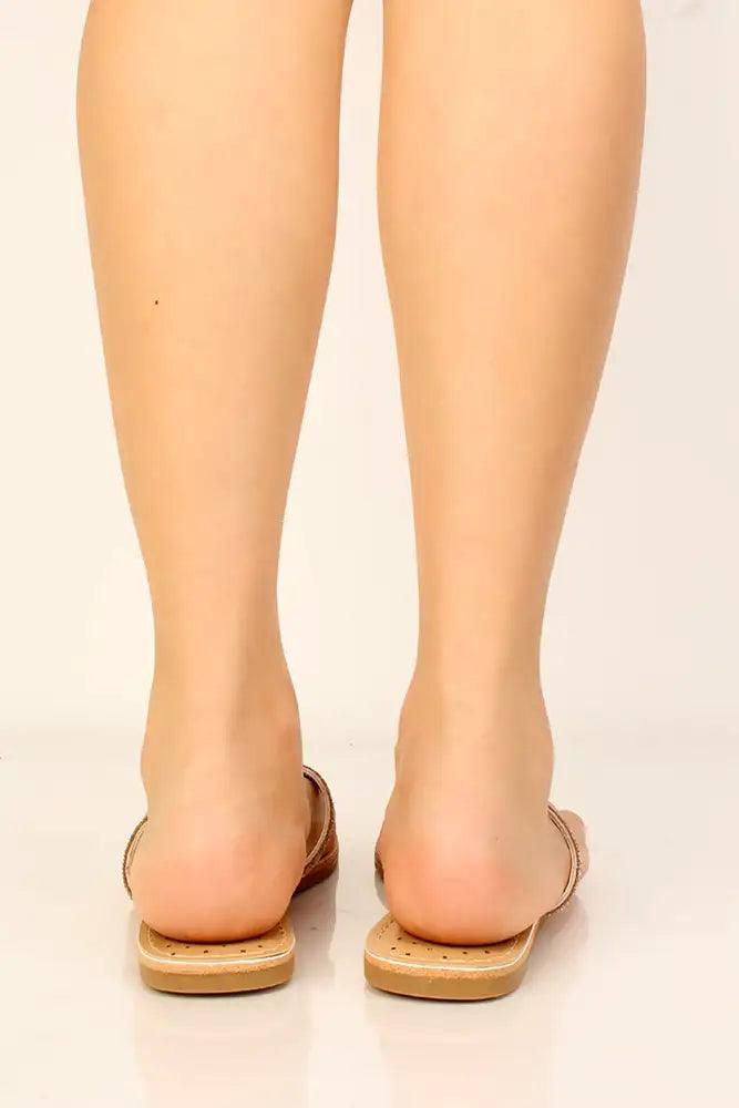 Rose Gold Rhinestone Accent Slip On Sandals - AMIClubwear
