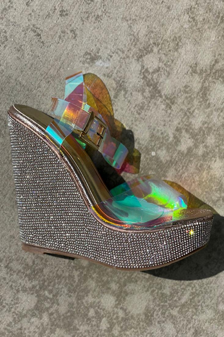 Rose Gold Rhinestone Hologram Clear Straps Open Toe Pump Wedges - AMIClubwear