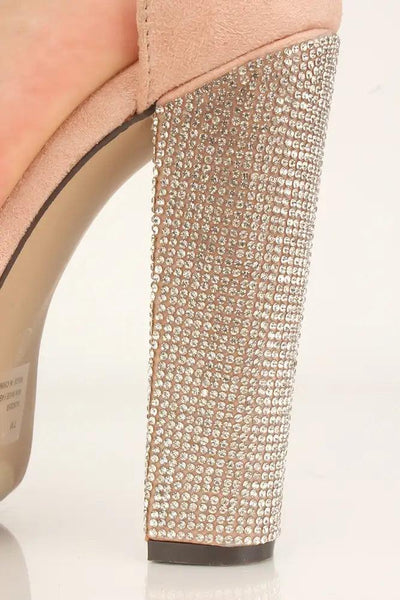 Rose Gold Rhinestone Open Toe Platform Chunky High Heels - AMIClubwear