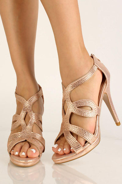 Rose Gold Rhinestone Strappy  High Heels - AMIClubwear