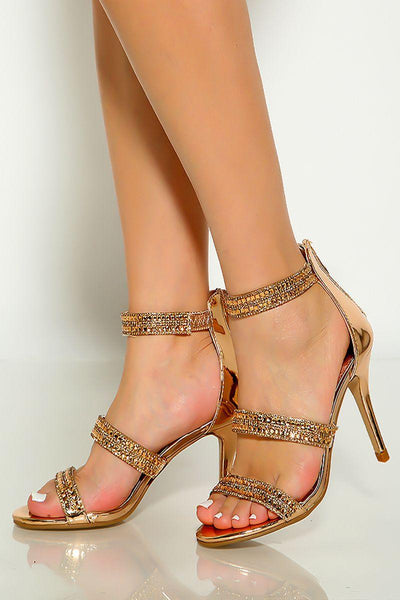 Rose Gold Rhinestone Strappy Open Toe High Heels - AMIClubwear