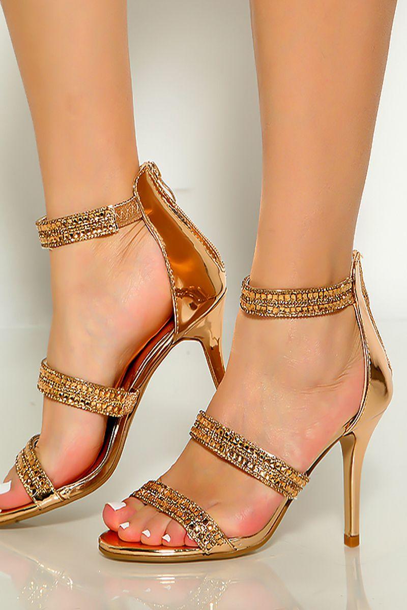 Rose Gold Rhinestone Strappy Open Toe High Heels - AMIClubwear