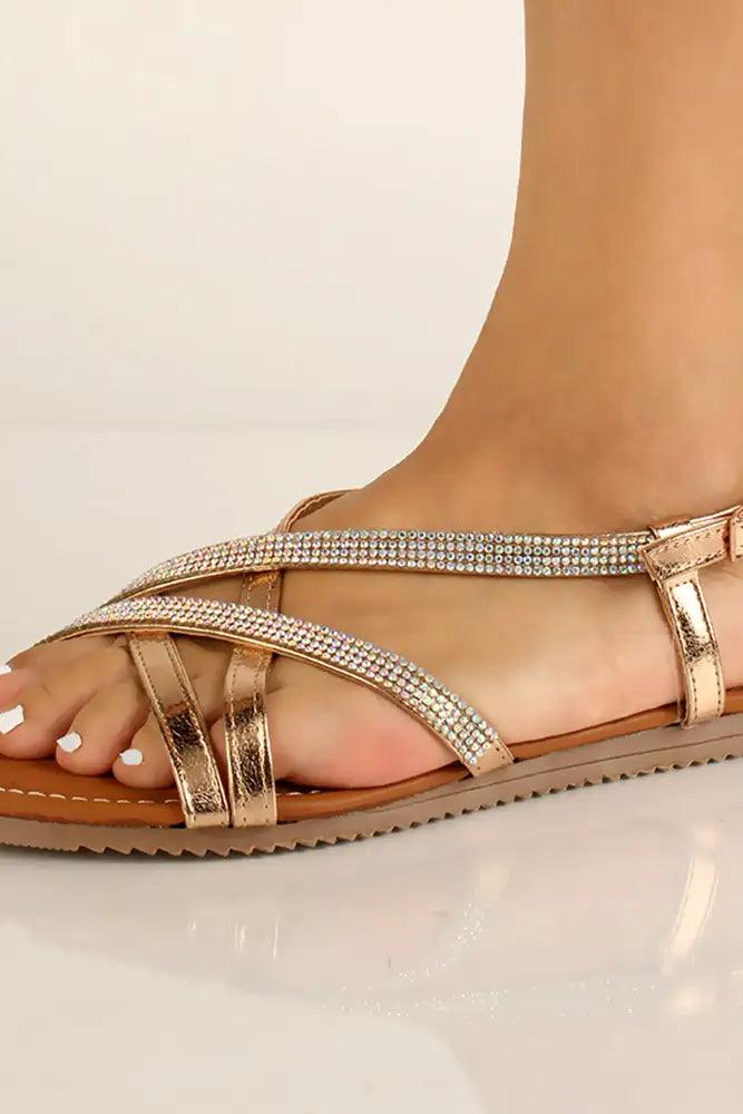 Rose Gold Rhinestones Metallic Strappy Sandals - AMIClubwear