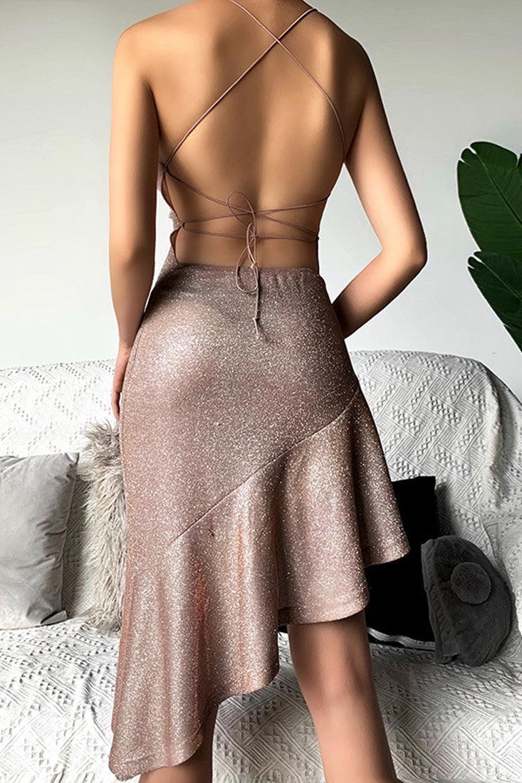 Rose Gold Shimmery Backless Asymmetric Mini Party Dress - AMIClubwear