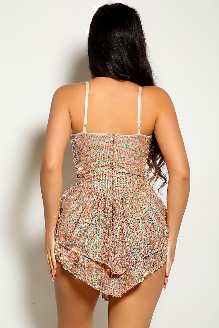 Rose Gold Sleeveless Sequins Cinched Party Dress - AMIClubwear