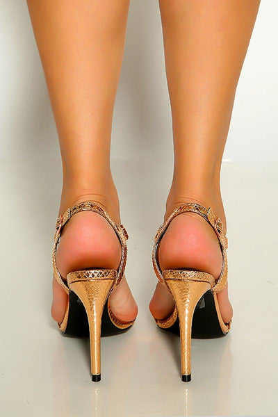 Rose Gold Strappy Open Toe T-Strap Single Sole High Heels - AMIClubwear