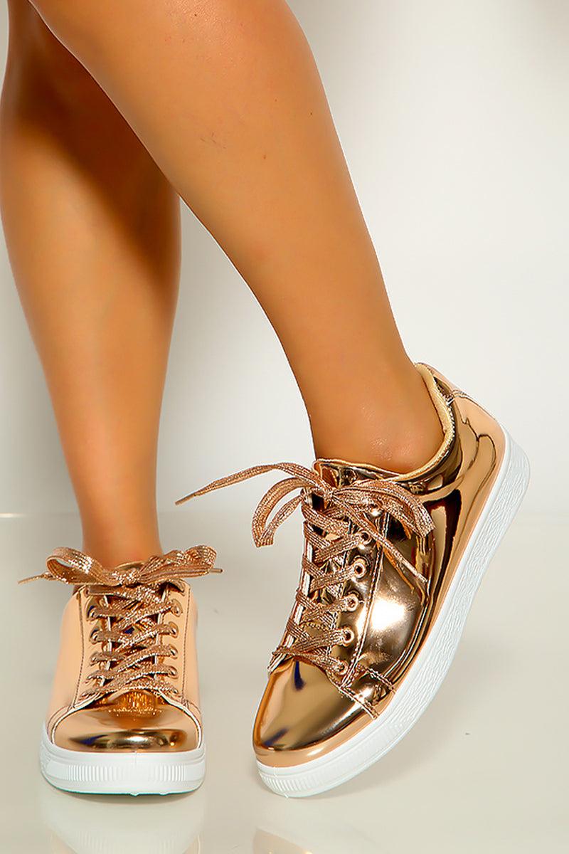 Rose Gold White Round Toe Metallic Lace Up Sneakers - AMIClubwear