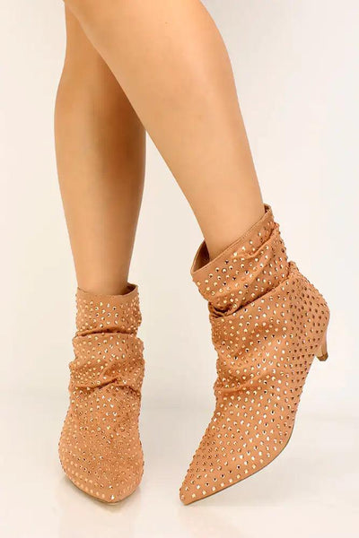 Rosegold Rhinestone Accent Pointy Toe Booties - AMIClubwear