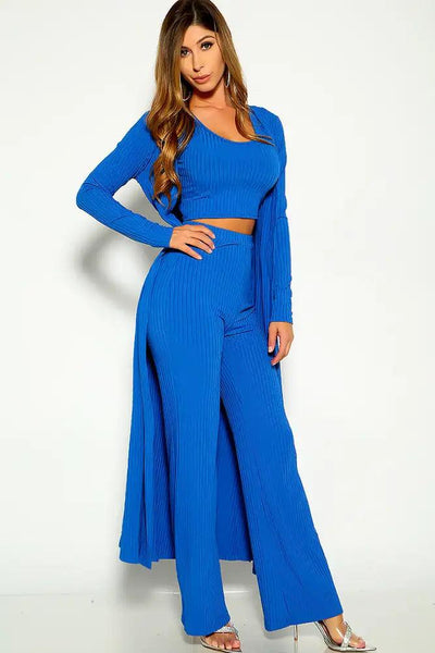 Royal Blue 3 Piece Ribbed Cardigan Outfit - AMIClubwear
