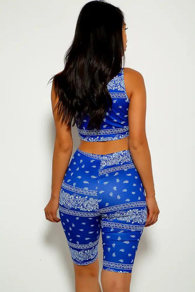 Royal Blue Bandana Print Two Piece Fitted Outfit - AMIClubwear