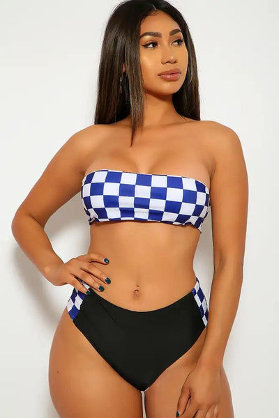 Royal Blue Black Checkered Two Piece Swimsuit - AMIClubwear