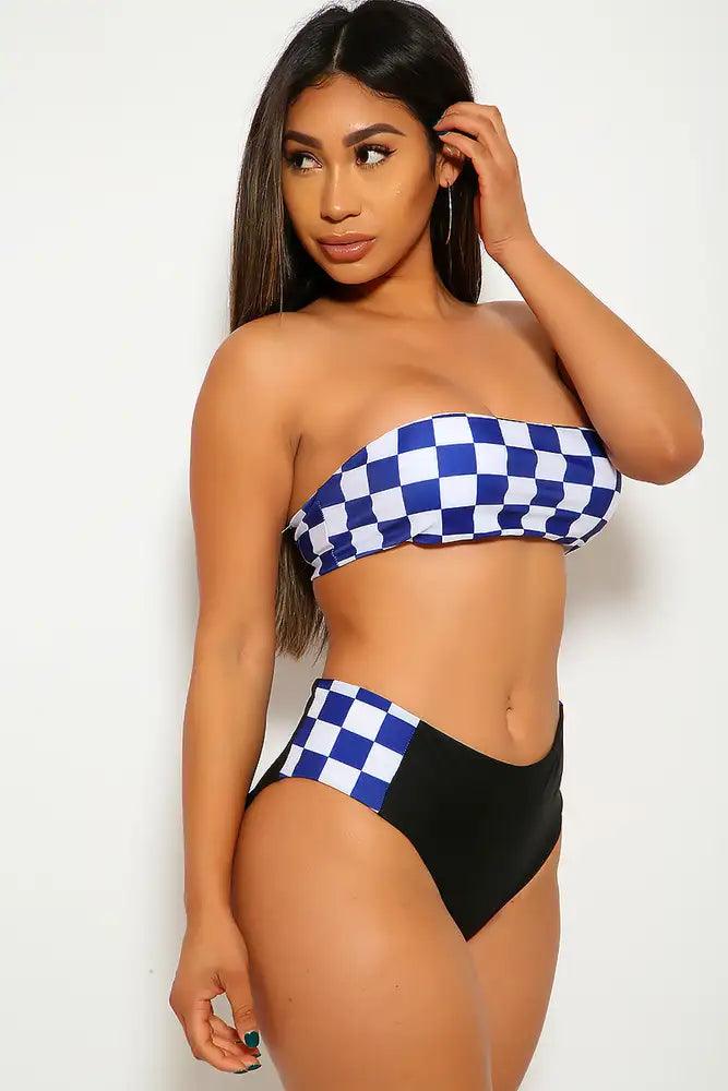 Royal Blue Black Checkered Two Piece Swimsuit - AMIClubwear