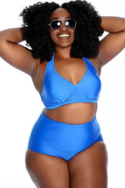 Royal Blue Bold Halter Tie High Waist Two Piece Swimsuit - AMIClubwear