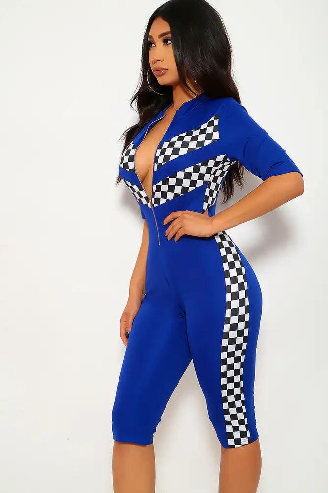 Royal Blue Checkered Print Plus Size Romper - AMIClubwear