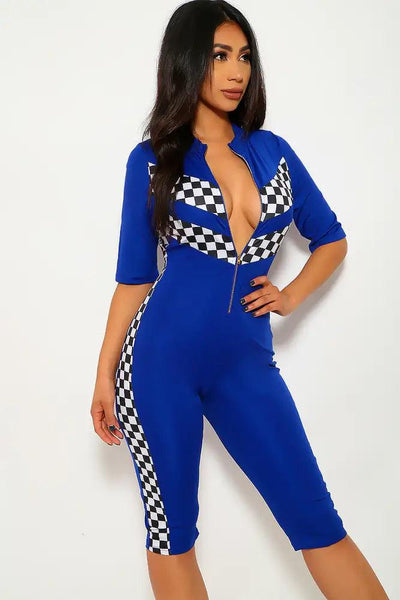 Royal Blue Checkered Print Plus Size Romper - AMIClubwear