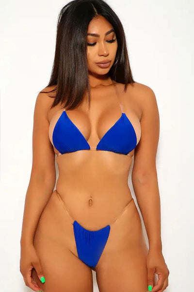 Royal Blue Clear Straps High Waist Cheeky Two Piece Swimsuit - AMIClubwear