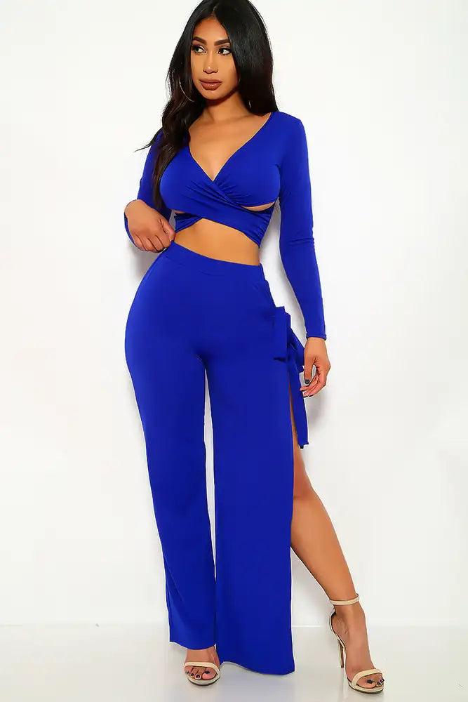 Royal Blue Criss Cross Long Sleeve Two Piece Outfit - AMIClubwear