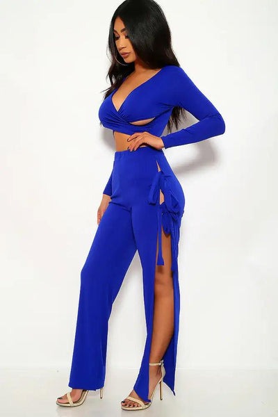 Royal Blue Criss Cross Long Sleeve Two Piece Outfit - AMIClubwear