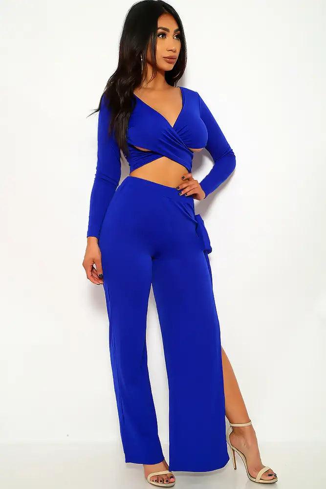 Royal Blue Criss Cross Long Sleeve Two Piece Outfit - AMIClubwear