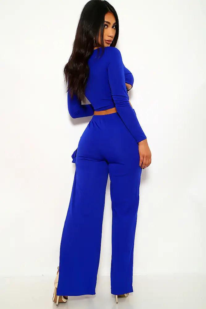 Royal Blue Criss Cross Long Sleeve Two Piece Outfit - AMIClubwear